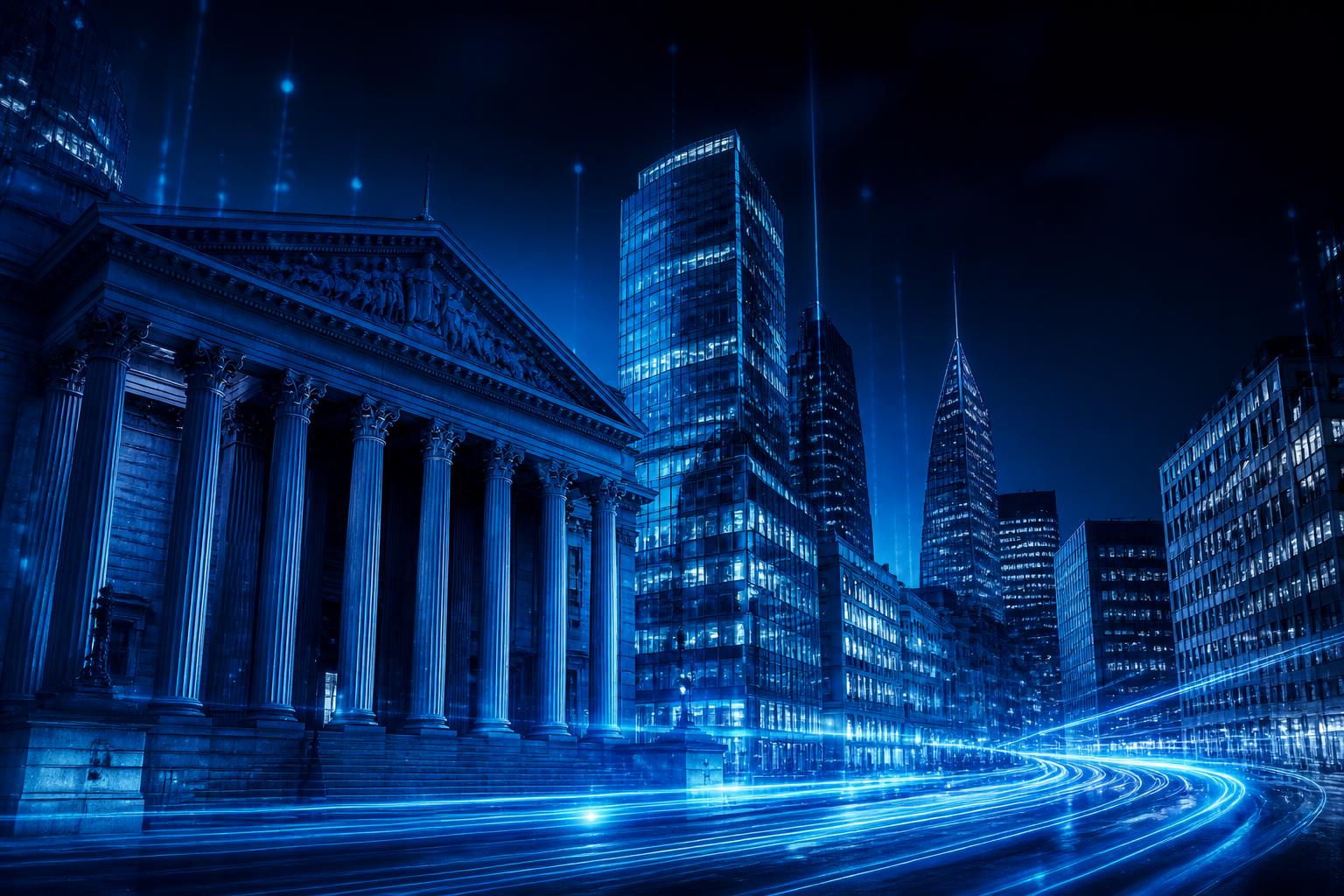 Illuminated classical bank building beside a modern financial district skyline at night